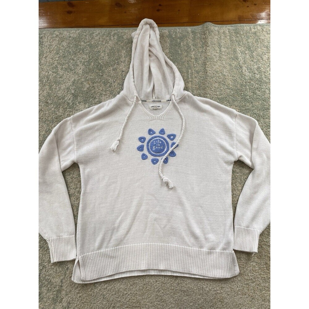 Life is Good Size Large Knit Sweater Hoodie White Light Blue Coastal Beach